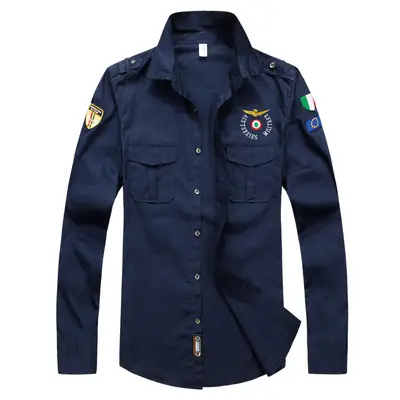 Men Navy Blue Army Style Long Sleeve Shirt
