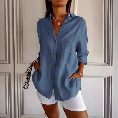 Women's 2024 Pleated Lapel Shirt White Solid Color