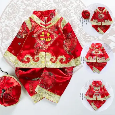 2017 Spring Boys Tang Suit Red Ethnic Three-Piece Set