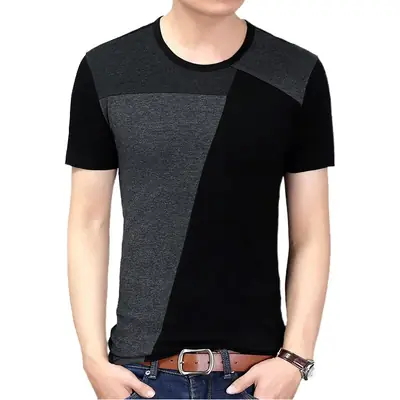 Men Cotton Contrast Short Sleeve T-Shirt Black Grey Slim Fit