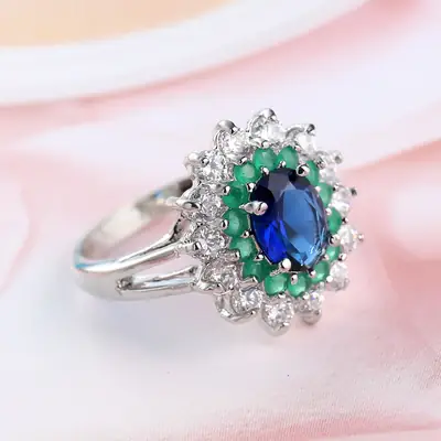 Zircon Ring with Blue Gemstone & Diamond Set