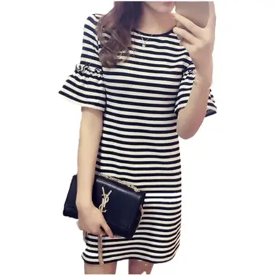 Women Korean Style Striped Bell Sleeve T-Shirt Mid Length