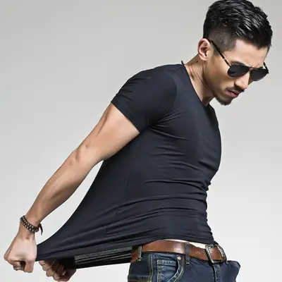 Men Red V-Neck Short Sleeve T-Shirt 9.9 Free Shipping