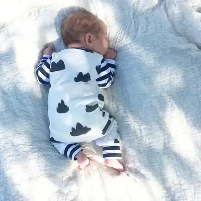 Baby Romper Cotton All-Over Printed with Clouds & Stripes