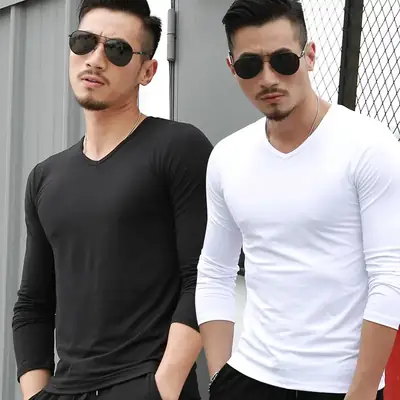 Men V-Neck Long Sleeve Blue T-Shirt