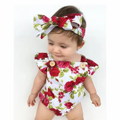 Girls Floral Rose Baby Suit with Bow Set