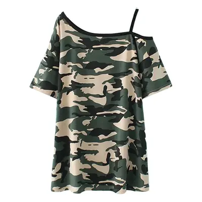 Women Camouflage Cold Shoulder T-Shirt Mid Length