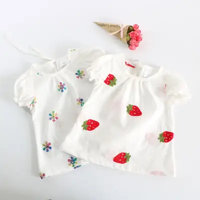 Girls Cotton Embroidered T-Shirt White Strawberry 1-3Y