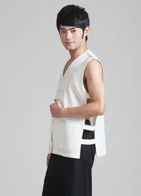 Men Cotton Linen Sleeveless Chinese Tang Suit White