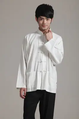 Men White Chinese Tang Suit Long Sleeve Cotton Linen