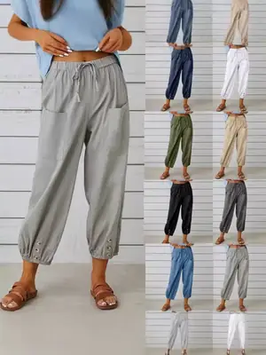 2025 New Loose High-Waist Buttoned Cotton Linen Pants Nine Point Calf