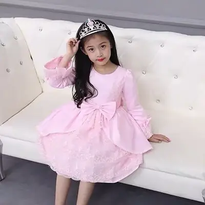 Girls' Blue Floral Long Sleeve Princess Dress