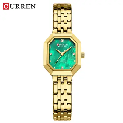 Gold Women's Quartz Watch with Green Dial & Steel Band