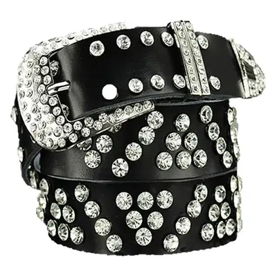 Women's Black Leather Belt with Diamond Rhinestone Buckle