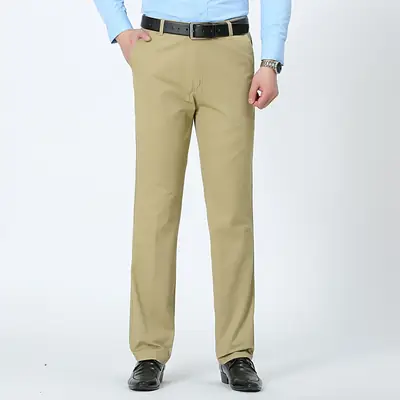 Men Cotton Casual Pants Grey Loose Straight High Waist