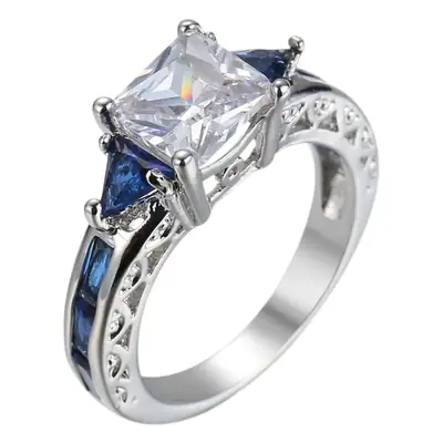 Silver Zircon Ring with Blue Sapphire & Diamond Setting