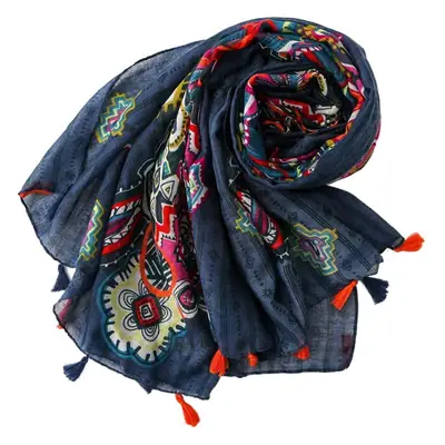 Bohemian Tassel Scarf Women Blue Cotton Summer Wear