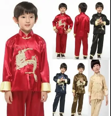 Kids Traditional Chinese Tang Suit with Embroidered Dragon Long Sleeve