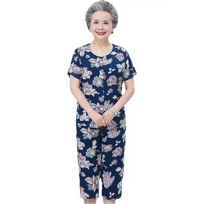 70-Yearold Cotton Silk Lady Suit Blue Floral