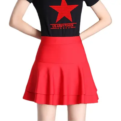 Red Square Dance Skirt Double Layer High Waist