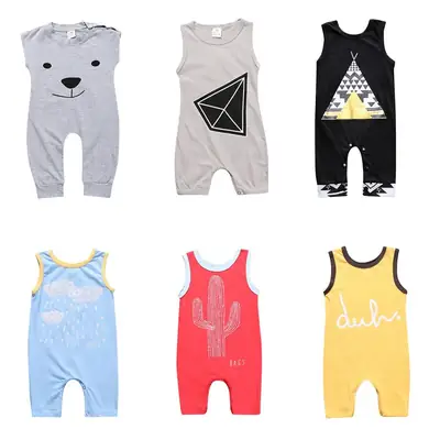 Black Cotton Sleeveless Baby Jumpsuit with Camel Print