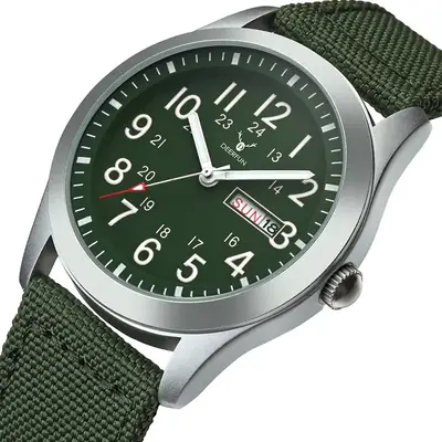 Men's Green Canvas Military Style Watch with Date Display