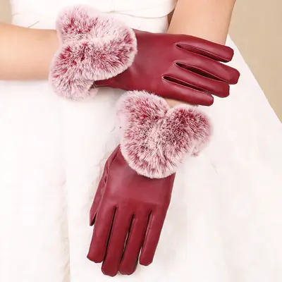 Women's Red PU Leather Warm Finger Gloves with Velvet Pom Pom