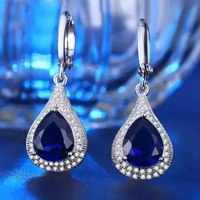 Diamond Inlaid Water Drop Earrings with Shiny Sapphire