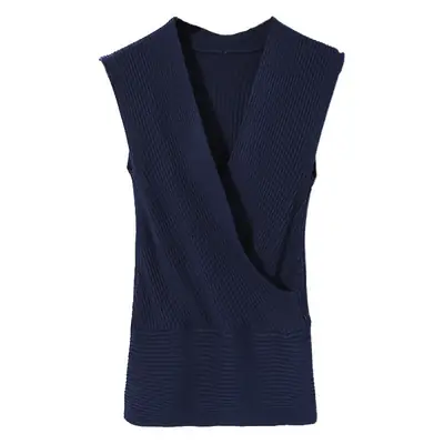 Women's Navy Blue Cross V-Neck Knitted Vest