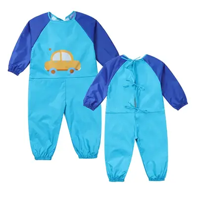 Baby Overalls Blue Car Print Waterproof Sand Play Climbing Anti-Dressing Eating Eating Clothes