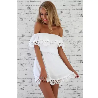 White Lace One-Line Off-Shoulder Dress for Women