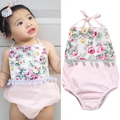 2025 Summer Floral Baby Romper Pink Bow