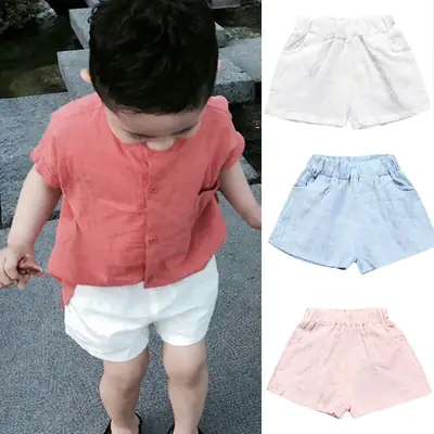 Summer Cotton Linen Shorts for Kids Girls White Blue Pink