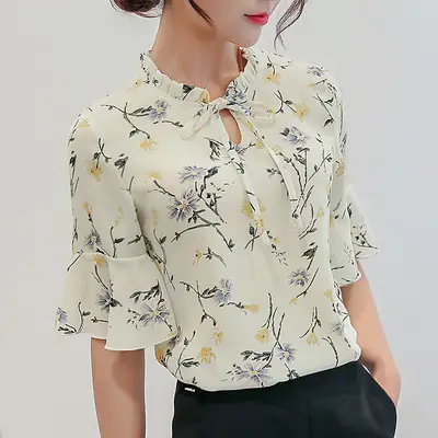 Women's Floral Chiffon Shirt Short Sleeve Keyhole Neck