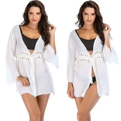 White Loose Fringe Beach Cardigan Bikini Top