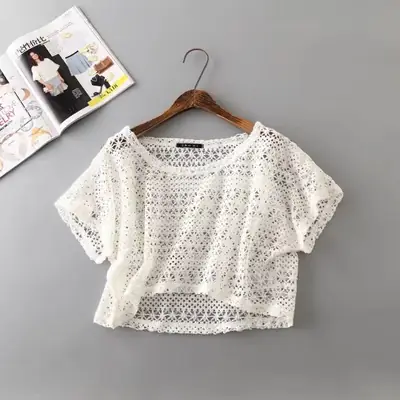 Japanese Style Sweet Hollow Crochet Lace Shirt Large