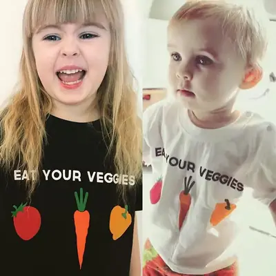 Kids Cotton Veggie Print T-Shirt Black Short Sleeve