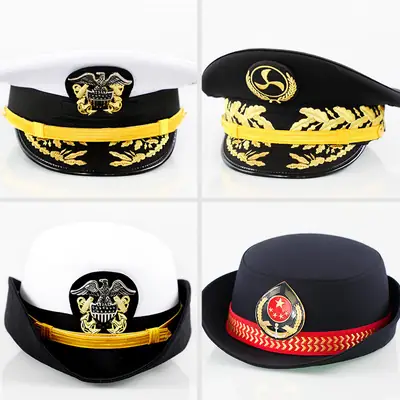 Seamen Captain White Crew Cap Gold Embroidery Black Trim