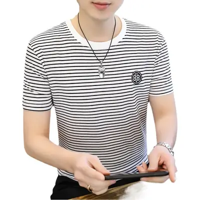Men Striped Slim Fit T-Shirt Black White