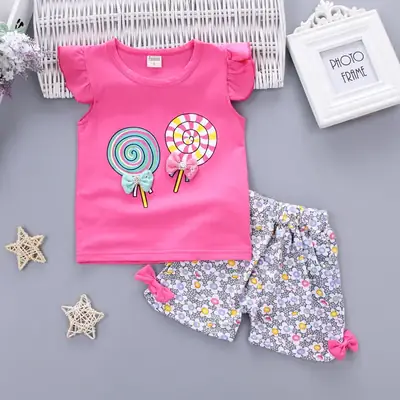 Baby Girl Cotton Vest Set Lollipop Flower Pants Summer Dress
