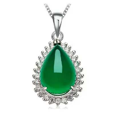 Green Emerald Pendant Necklace with Crystal Border