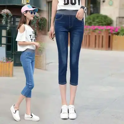 Women Blue Cropped Slim Fit Jeans Summer Casual