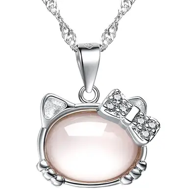 Silver Plated Cat Pendant with Pink Crystal Stone