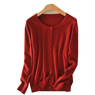 Women's Orange Knitted Round Neck Cardigan Jacket