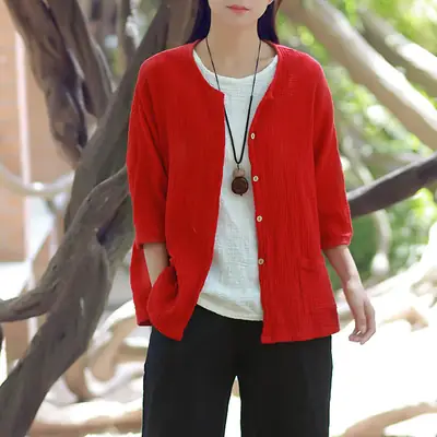 Women Cotton Linen Cardigan Top with Printed Skirt Large 2025