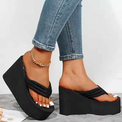 High Heel Slippers Women Summer Thick Sole Flip Flops Wholesale Beach Shoes Wedge Heel Flip Flops Sandals Platform Shoes