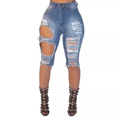 Hole Stretch Denim Shorts for Women High Heel Boots