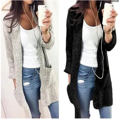 Grey Long Sleeve Knit Cardigan for Women