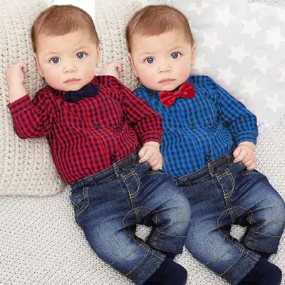 Baby Plaid Bow Suit Blue Yellow Jeans Set