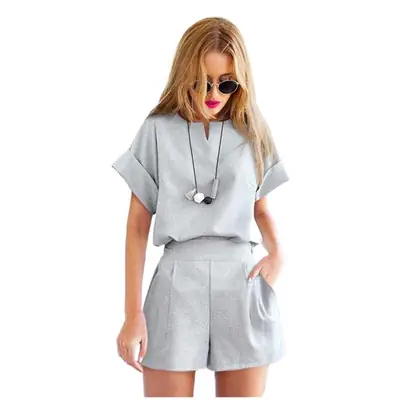 Women 2-Piece Summer Set Navy Blue Short Sleeve Top Shorts Large